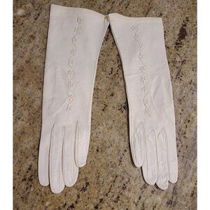 New! Vintage Size XS-S White Soft Leather Formal 11" Wedding Gloves 3D Flower